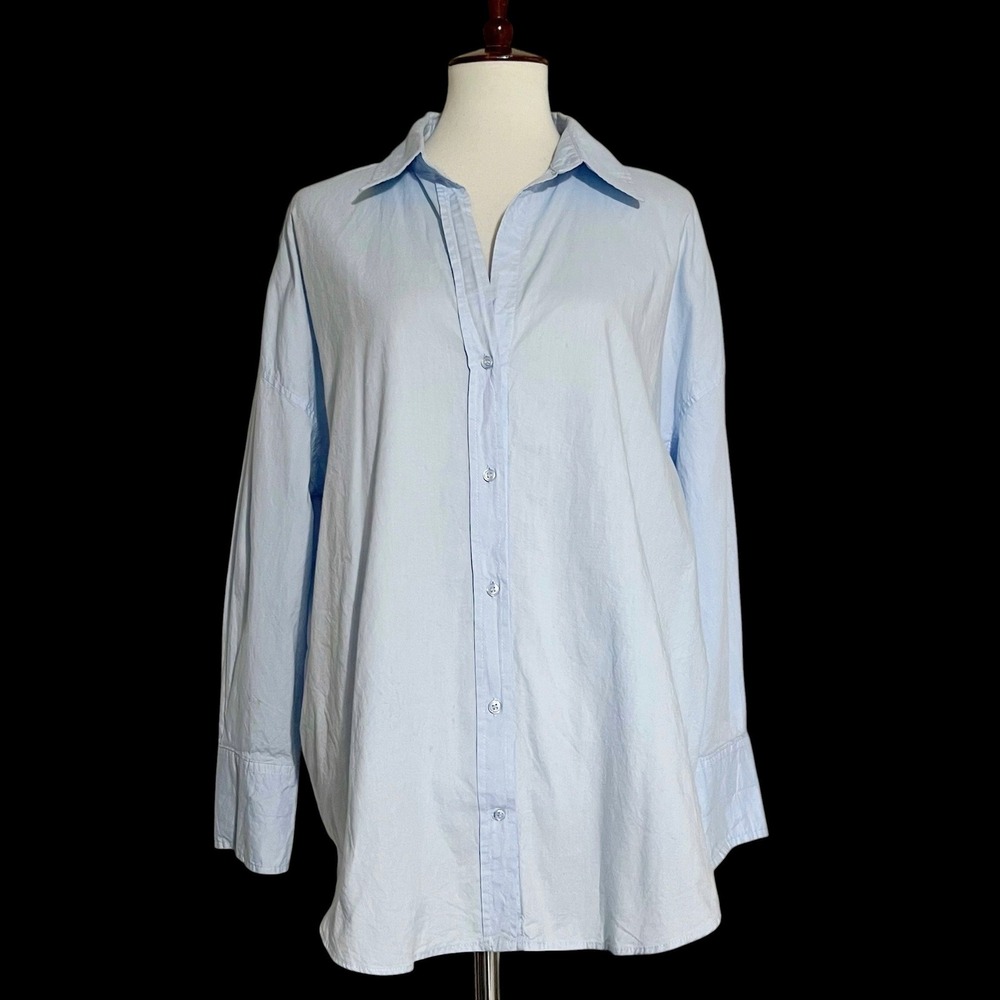 Zara Womens XL Light Blue 100% Cotton Oversized Button Down Shirt‎ 4387/023